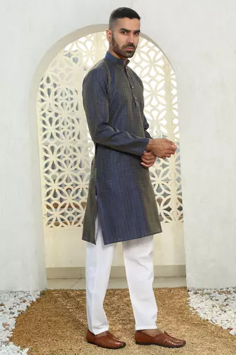 Silk blend ethnic motifs jacqaurd blue kurta
