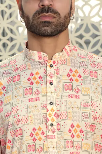 Abstract printed peach mandarin collor cotton kurta