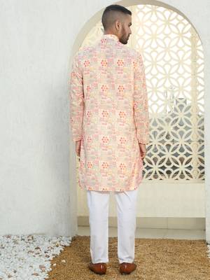 Abstract printed peach mandarin collor cotton kurta 3