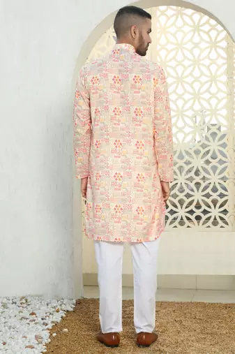 Abstract printed peach mandarin collor cotton kurta