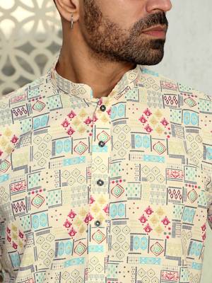 Abstract printed beige mandarin collor cotton kurta 3