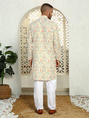Abstract printed beige mandarin collor cotton kurta 4