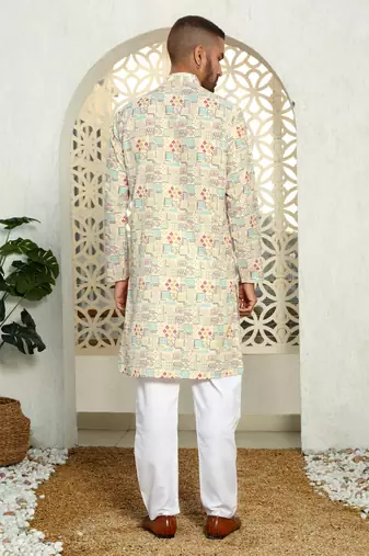 Abstract printed beige mandarin collor cotton kurta