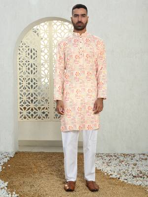 Abstract printed peach mandarin collor cotton kurta 5