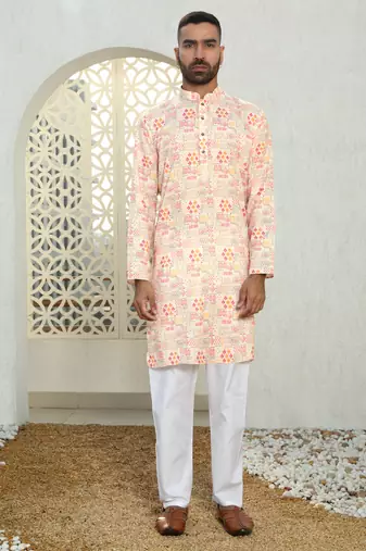 Abstract printed peach mandarin collor cotton kurta
