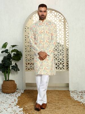 Abstract printed beige mandarin collor cotton kurta 6