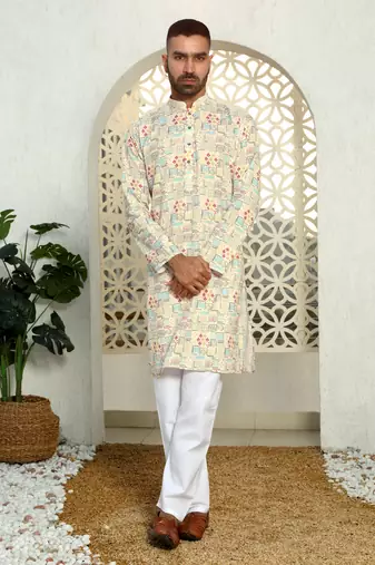 Abstract printed beige mandarin collor cotton kurta
