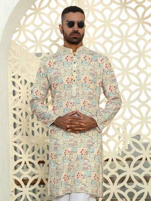 Abstract printed beige mandarin collor cotton kurta with pyjama 1