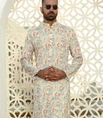 Abstract printed beige mandarin collor cotton kurta with pyjama