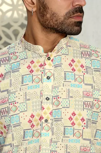Abstract printed beige mandarin collor cotton kurta with pyjama