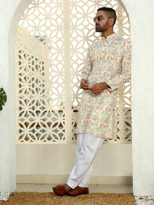 Abstract printed beige mandarin collor cotton kurta with pyjama 4