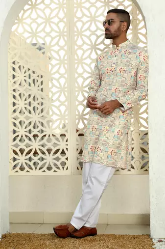 Abstract printed beige mandarin collor cotton kurta with pyjama