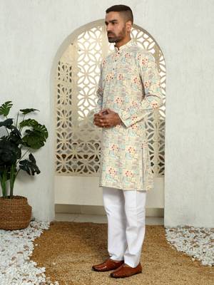 Abstract printed beige mandarin collor cotton kurta with pyjama 6