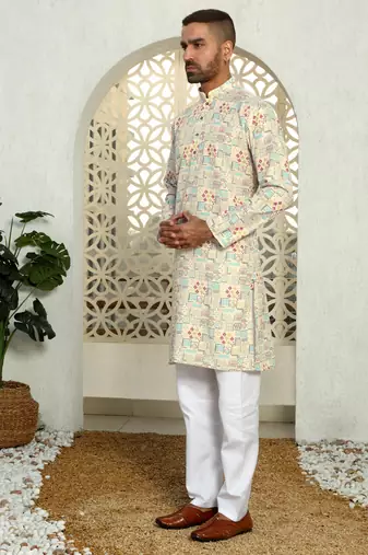 Abstract printed beige mandarin collor cotton kurta with pyjama
