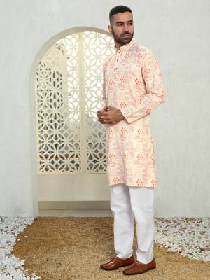 Abstract printed peach mandarin collor cotton kurta with pyjama 1