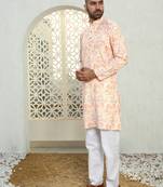 Abstract printed peach mandarin collor cotton kurta with pyjama