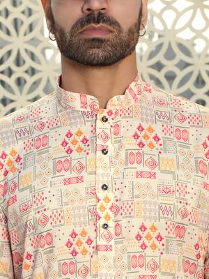 Abstract printed peach mandarin collor cotton kurta with pyjama 2