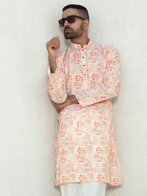 Abstract printed peach mandarin collor cotton kurta with pyjama 3