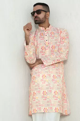 Abstract printed peach mandarin collor cotton kurta with pyjama