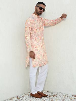 Abstract printed peach mandarin collor cotton kurta with pyjama 5