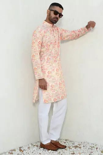 Abstract printed peach mandarin collor cotton kurta with pyjama