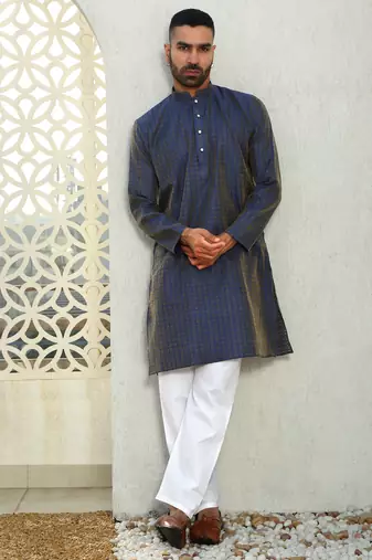Silk blend ethnic motifs jacqaurd blue kurta with pyjama