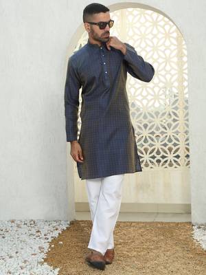 Silk blend ethnic motifs jacqaurd blue kurta with pyjama 5