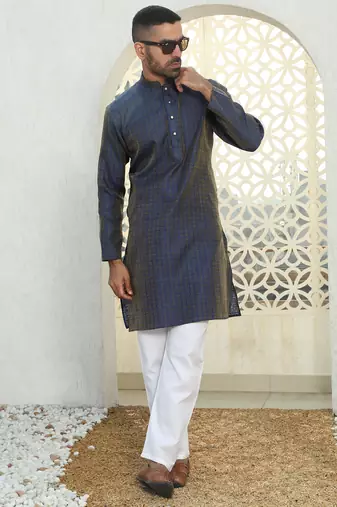 Silk blend ethnic motifs jacqaurd blue kurta with pyjama