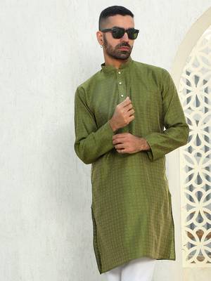Silk blend ethnic motifs jacqaurd green kurta with pyjama 1