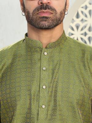 Silk blend ethnic motifs jacqaurd green kurta with pyjama 2
