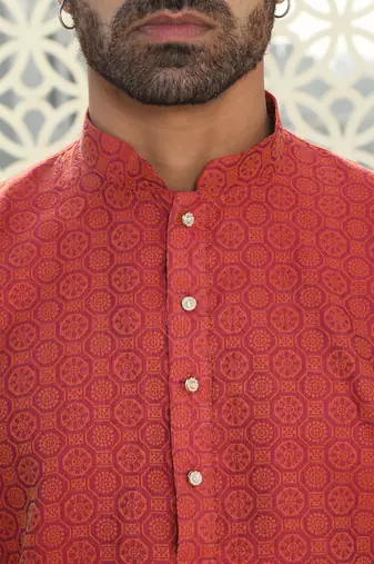 Silk blend ethnic motifs jacqaurd maroon kurta with pyjama