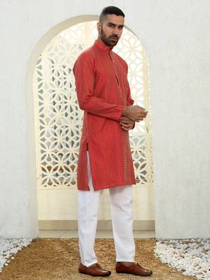 Silk blend ethnic motifs jacqaurd maroon kurta with pyjama 5