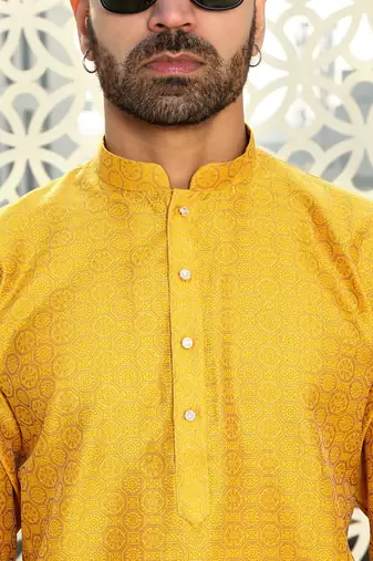 Silk blend ethnic motifs jacqaurd mustard kurta with pyjama