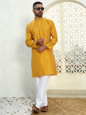 Silk blend ethnic motifs jacqaurd mustard kurta with pyjama 3