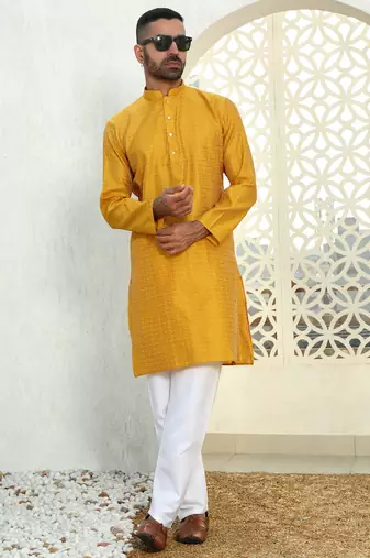Silk blend ethnic motifs jacqaurd mustard kurta with pyjama