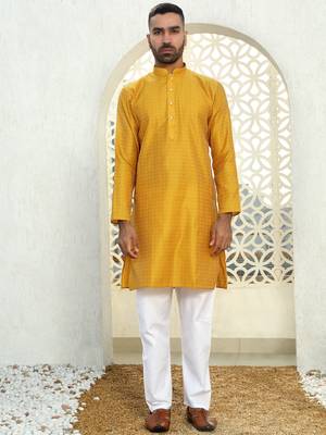 Silk blend ethnic motifs jacqaurd mustard kurta with pyjama 4
