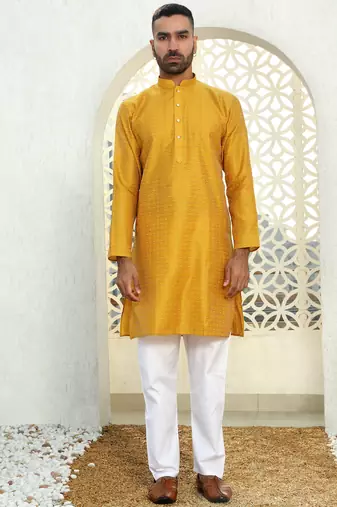 Silk blend ethnic motifs jacqaurd mustard kurta with pyjama