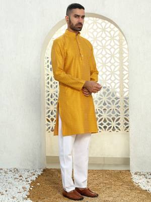 Silk blend ethnic motifs jacqaurd mustard kurta with pyjama 5
