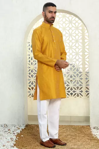 Silk blend ethnic motifs jacqaurd mustard kurta with pyjama