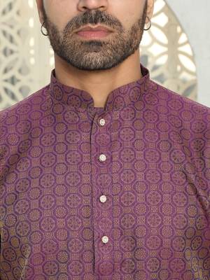 Silk blend ethnic motifs jacqaurd purple kurta with pyjama 3