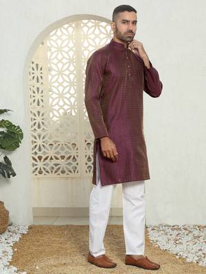 Silk blend ethnic motifs jacqaurd purple kurta with pyjama 5