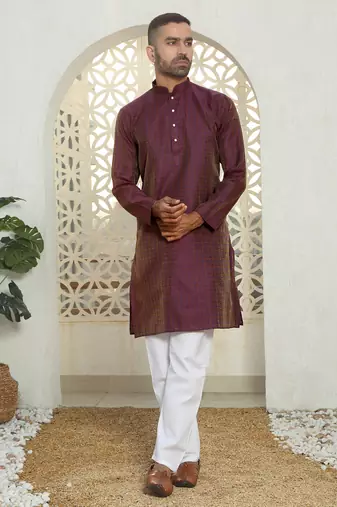 Silk blend ethnic motifs jacqaurd purple kurta with pyjama