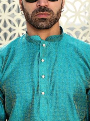 Silk blend ethnic motifs jacqaurd turquoise kurta with pyjama 2