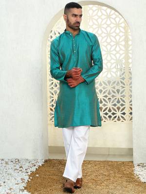 Silk blend ethnic motifs jacqaurd turquoise kurta with pyjama 3