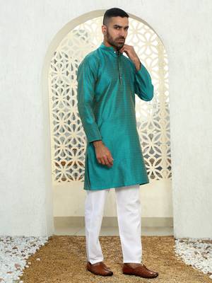 Silk blend ethnic motifs jacqaurd turquoise kurta with pyjama 4