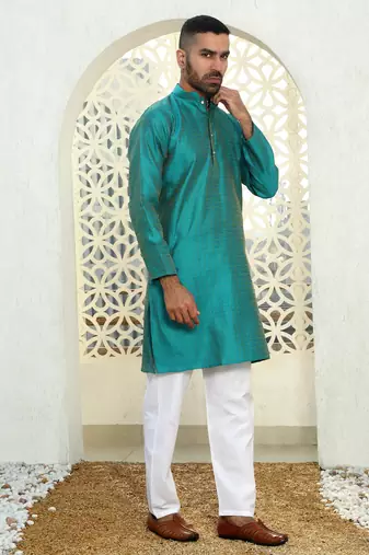 Silk blend ethnic motifs jacqaurd turquoise kurta with pyjama