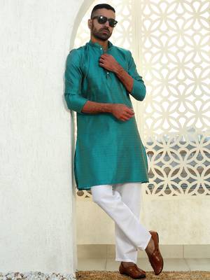 Silk blend ethnic motifs jacqaurd turquoise kurta with pyjama 5