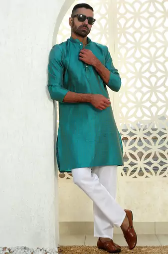 Silk blend ethnic motifs jacqaurd turquoise kurta with pyjama
