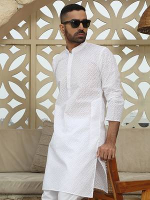 White cotton chikankari embroidered straight kurta with pyjama 1