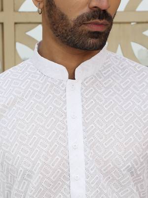 White cotton chikankari embroidered straight kurta with pyjama 2
